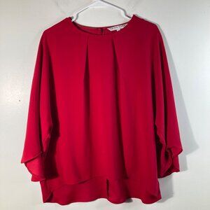Womens Trina Turk Pleat Front 3/4 Sleeve Top Red‎ L Polyester